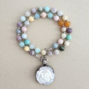 CHAKRA GEMSTONE NECKLACE W/ 925 MOTHER OF PEARL ROSE PENDANT-16"